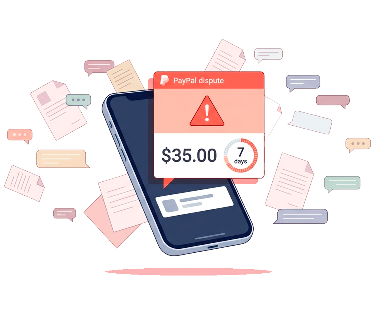 PayPal dispute notification on a phone with scattered documents